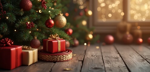 A christmas tree with presents under it next to a window