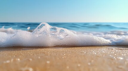 Obraz premium Waves crashing against a sandy shore on a sunny day, with crystal-clear water and white foam, capturing the beauty and energy of the ocean