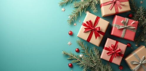 a bunch of presents wrapped in red and gold ribbons on a blue background