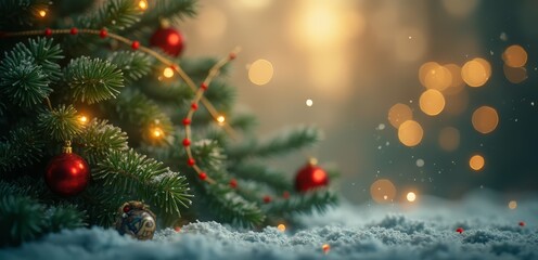 a christmas tree with red ornaments on it in the snow