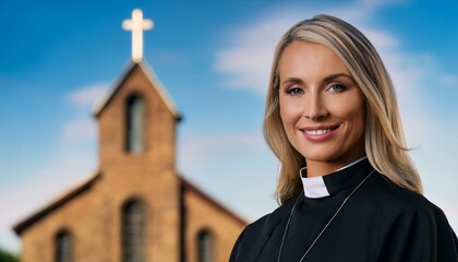 A female priest smiling outside in front of the church