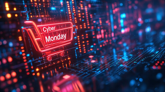 Shopping cart icon illuminated with vibrant colors representing Cyber Monday, a day for online deals and promotions during the holiday shopping season