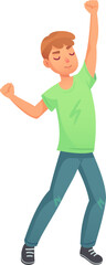 Fototapeta premium Energetic young man dancing with arms raised, celebrating success with enthusiasm and joy, expressing positive emotions through dynamic movement