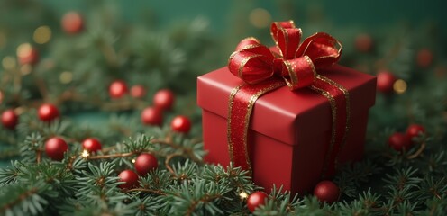 A red gift box with a gold ribbon and bow on a Christmas tree