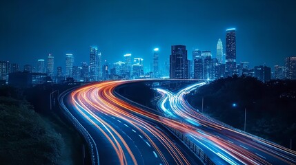 Fototapeta premium Smart City with Speed Line Glowing Light Trail Surround