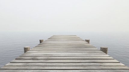 Fototapeta premium Wooden pier extending over calm water into a foggy atmosphere.