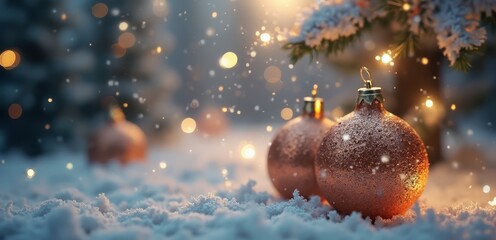 A couple of christmas ornaments sitting on top of a snow covered ground