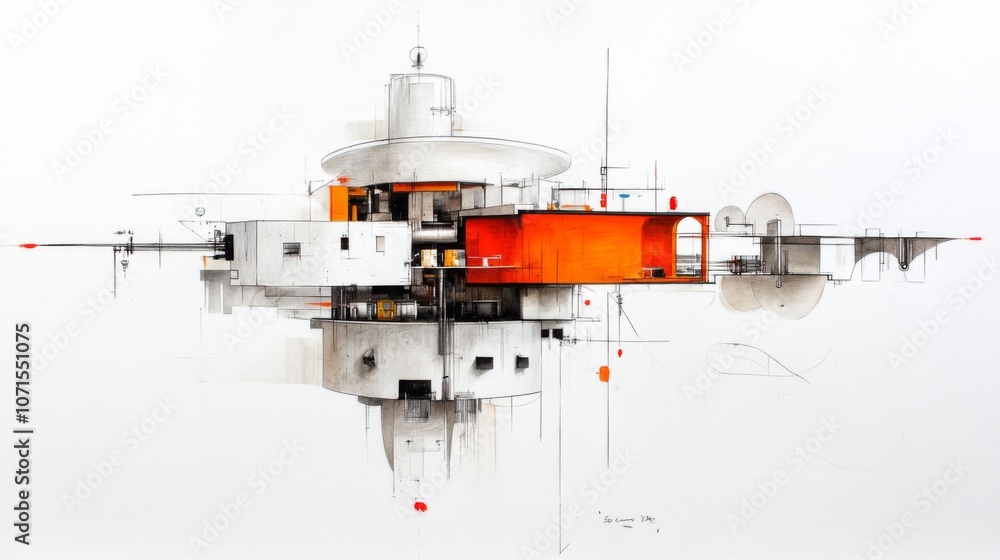 Poster colorful architectural illustration featuring abstract shapes and geometric forms with distinct line