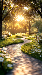 Obraz premium 3D Illustration - Golden Hour Garden Path, Blossoming Trees, and Lush Greenery