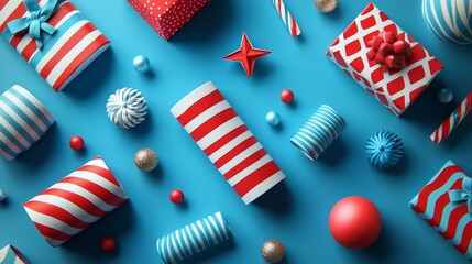 Obraz premium Colorful holiday gifts with various patterns and decorations, arranged artistically on a bright blue background.