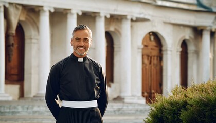 Fototapeta premium A Christian priest standing outside in front of the church and smiling