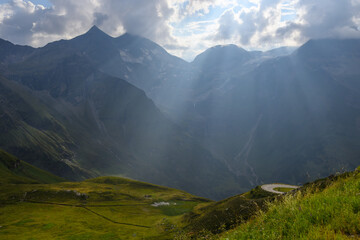 Grossglockner alpine road with rays of sunshine and majestic weather in summer, austria