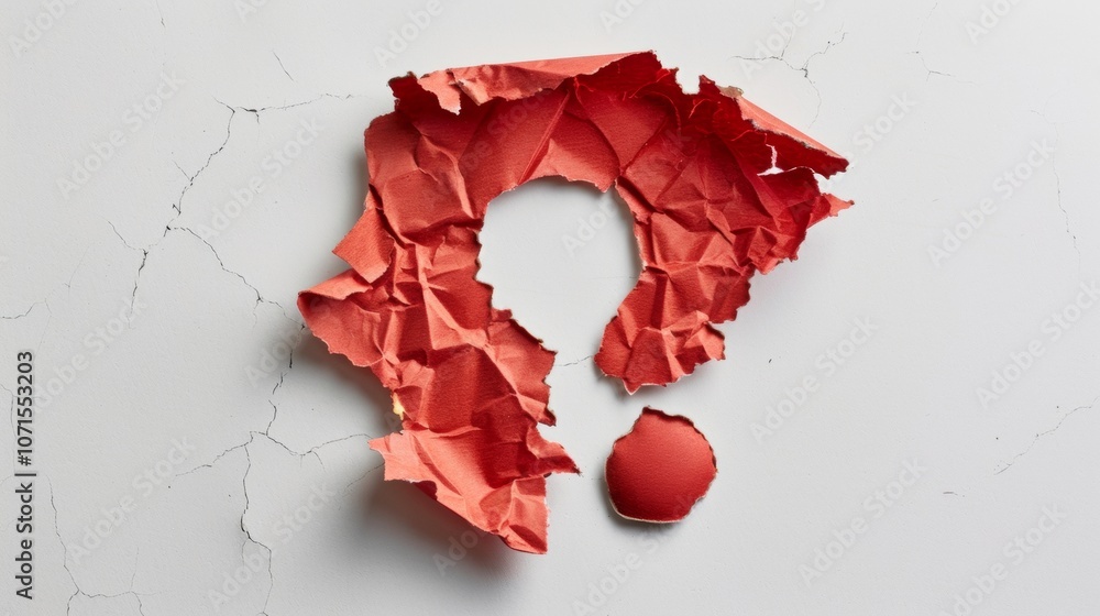 Poster red torn paper with question mark on white background. question mark concept