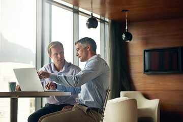 Business, men and meeting with laptop at office for advice, consultation and discussion on...