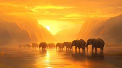 Fototapeta premium Elephants traverse a golden river at sunset, creating a serene and majestic scene, AI