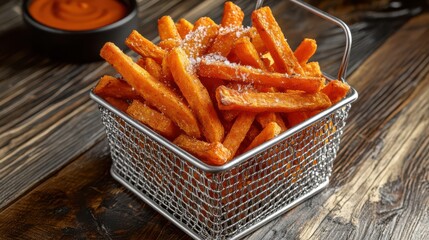 Close-up of sweet potato fries in metal basket on wooden table, stylish food photography