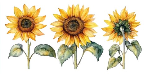 Watercolor illustration of three sunflowers with green leaves on a white background.