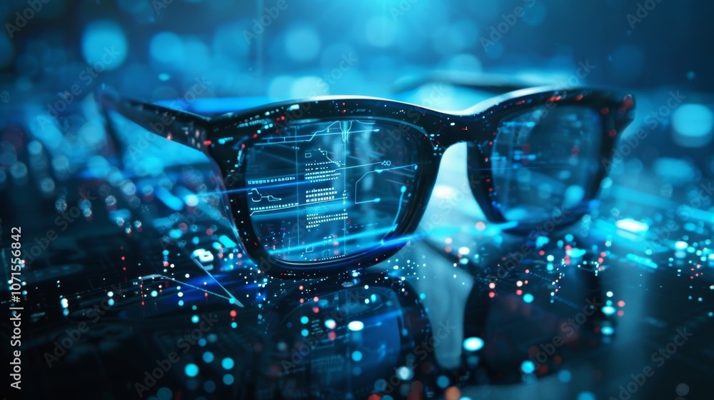Poster futuristic smart glasses are displaying augmented reality data, lines of code, and digital informati