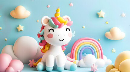 Obraz premium Abstract 3d cute cartoon image of unicorn and rainbow on clouds, cute unicorn background, toy store wallpaper, kids room wallpaper, children's book illustration