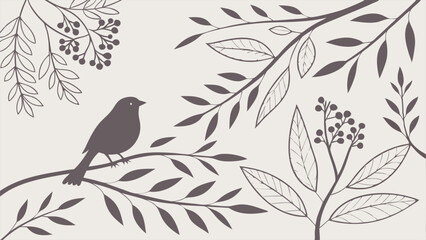 Silhouette of Bird on Branch with Decorative Leaves and Berries. Illustration Vector Art.