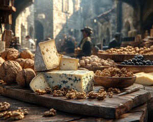 Fototapeta premium Delicious Assortment of Premium Cheeses and Nuts with Fresh Fruit on Rustic Wooden Platter, Perfect for Entertaining Guests or a Special Occasion