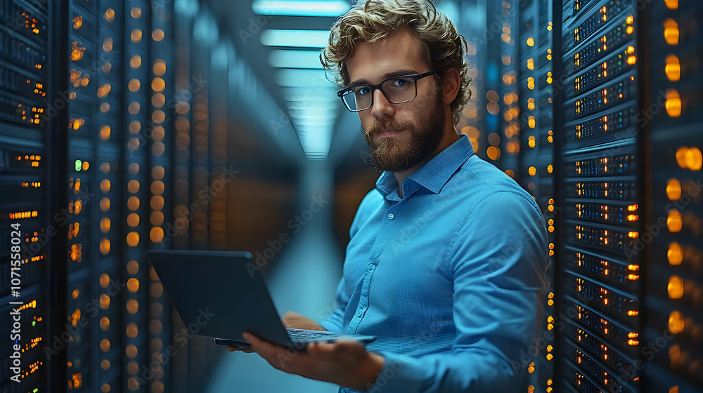 Poster man with laptop in server room - realistic image