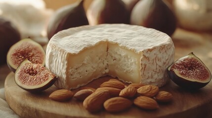 Fototapeta premium Delicious Cheese and Nut Assortment with Figs on Rustic Wooden Board, Artisanal Cheese, Creamy Brie, Almonds, Fresh Figs, Gourmet Food, Rustic Table Setting, Snack, Appetizer, Healthy Eating, Food