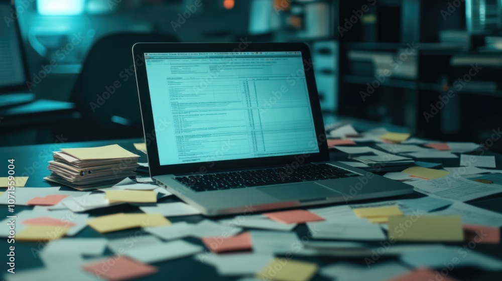 Poster a laptop displays data, surrounded by scattered sticky notes, creating a cluttered workspace that su