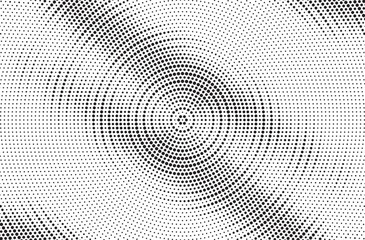 Radial halftone gradient background. Dotted concentric texture with fading effect. Black and white circle shade wallpaper. Grunge rough vector. Monochrome backdrop