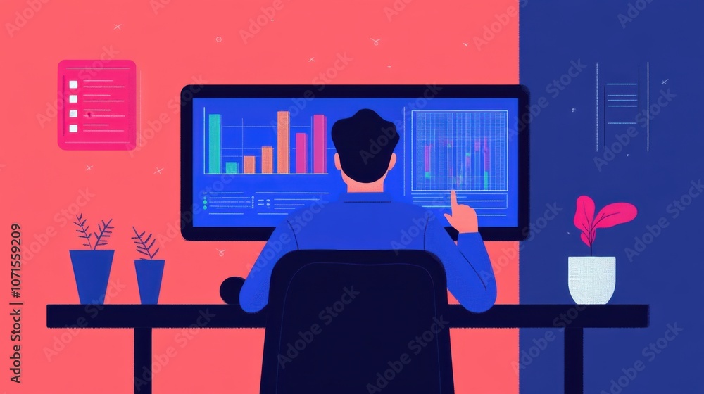 Poster a person analyzes data on a computer screen, with colorful graphs and plants in a modern workspace s