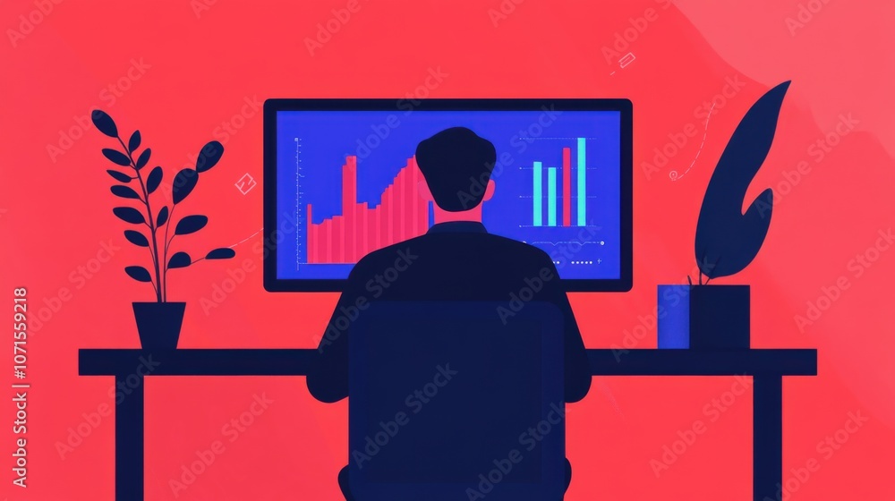 Poster a person analyzes data on a computer, surrounded by plants, with colorful graphs displayed on the sc