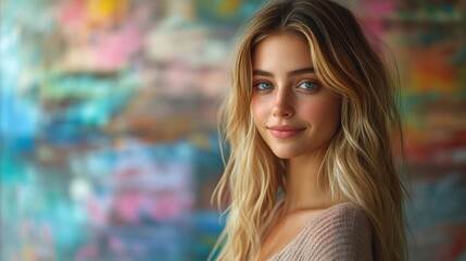Obraz premium Close-up portrait of a young woman with long blonde hair, smiling against a colorful background.
