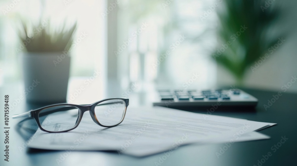 Aufkleber a close-up of glasses resting on documents next to a calculator, set in a calming workspace with a p