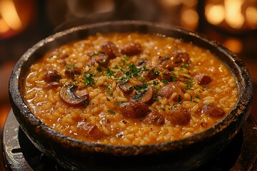 A close-up of a bowl of creamy mushroom risotto with parsley garnish