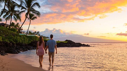 Fototapeta premium Couple Walking Hand in Hand Along the Shoreline at Sunset