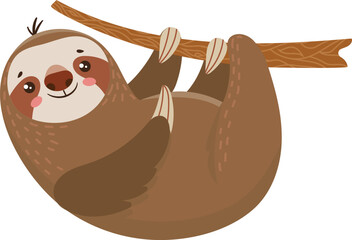 Obraz premium Cartoon illustration of a cute smiling sloth hanging upside down from a tree branch, enjoying its peaceful existence in nature