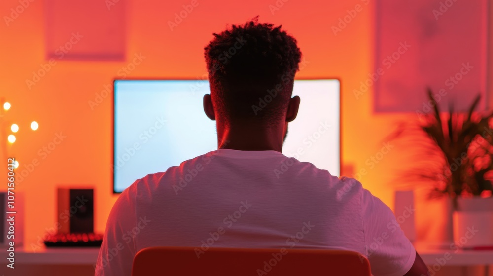 Poster a silhouetted figure sits at a computer illuminated by a warm orange glow, creating a serene and foc