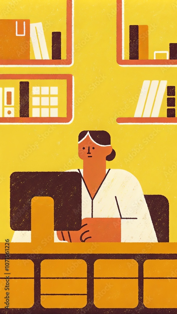 Poster retro workspace: minimalist graphic with person at computer in yellow office setting