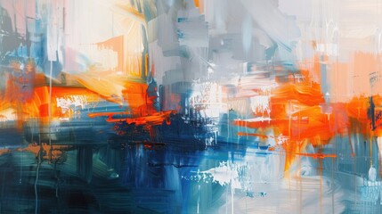 Fototapeta premium Dynamic Abstract Painting with Brush Strokes in Orange and Blue, Showcasing a Fusion of