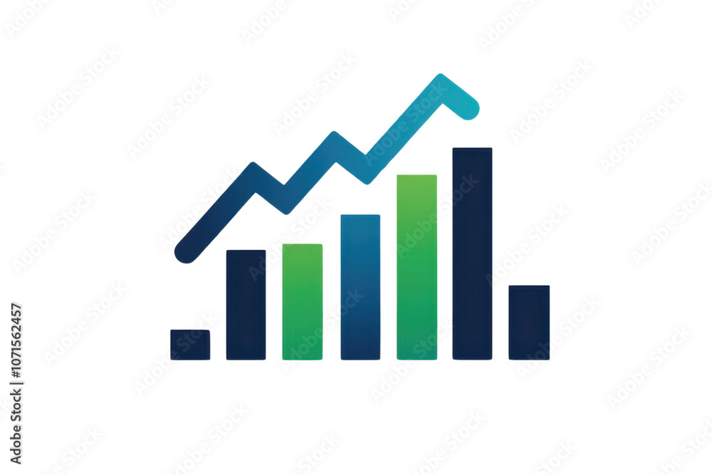 Poster illustration of a colorful bar chart with a line graph overlay, representing data analysis, growth, 