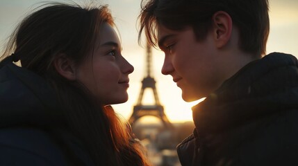 Romantic Close-up of Young Couple in Front of Eiffel Tower at Sunset