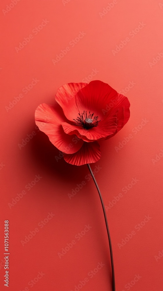 Poster A red flower with a stem is on a red background