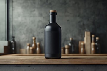 A sleek black bottle with a cork stopper placed on a wooden counter in a modern kitchen setting