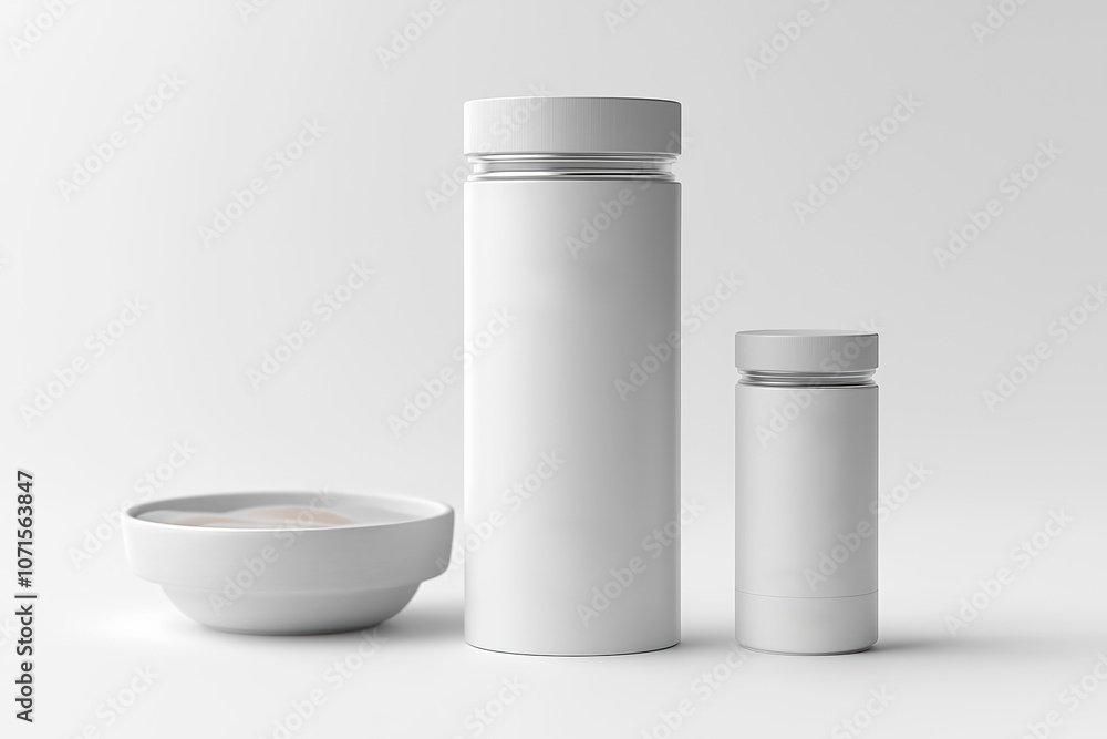 Aufkleber minimalist display of white containers and a small bowl on a clean surface in a bright setting
