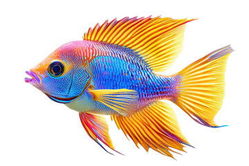 Fototapeta premium Vibrant colorful tropical fish with flowing fins. Isolated on white, showcasing vivid blues, oranges, and yellows. Perfect for marine life themes.