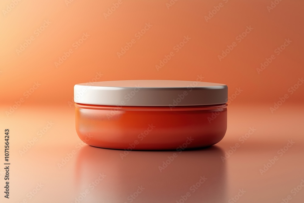 Poster transparent container of orange cream on a smooth surface with a soft orange background