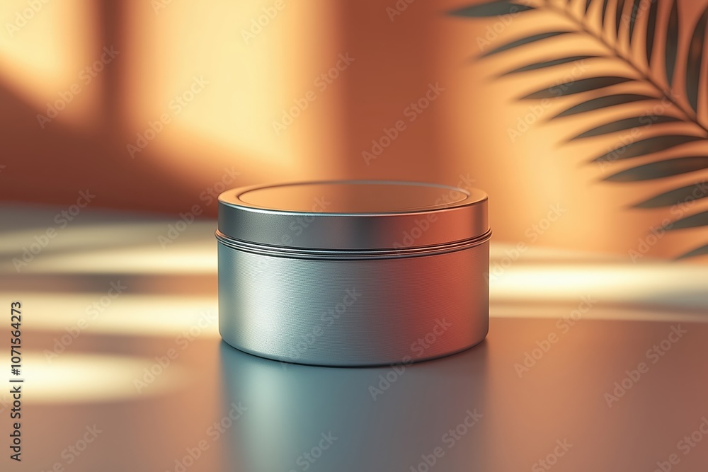 Poster a minimalist round container on a table illuminated by soft afternoon sunlight near a palm leaf