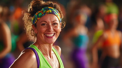 Fototapeta premium Energetic woman smiling after dance fitness class