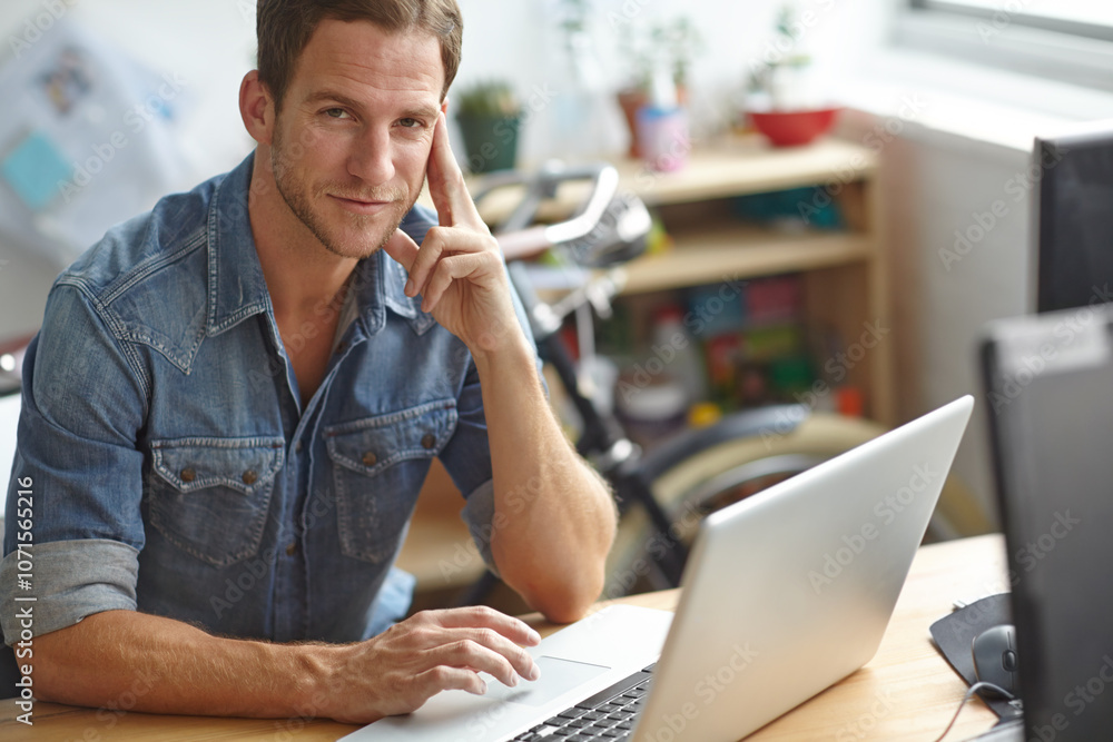 Poster creative, laptop and portrait of man in office with confidence, smile and online opportunity at digi
