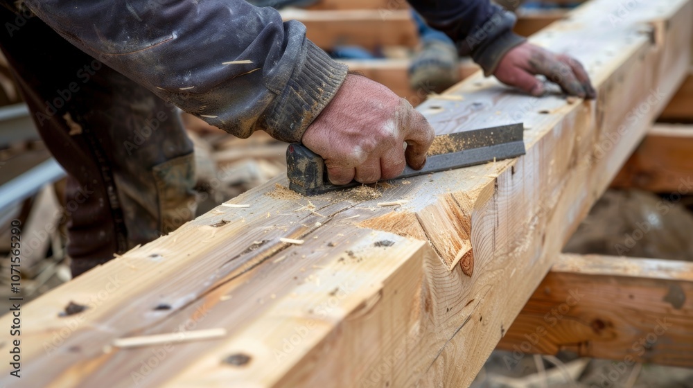 Poster a worker using a hand plane to smooth out the edges of a large timber beam adding the finishing touc